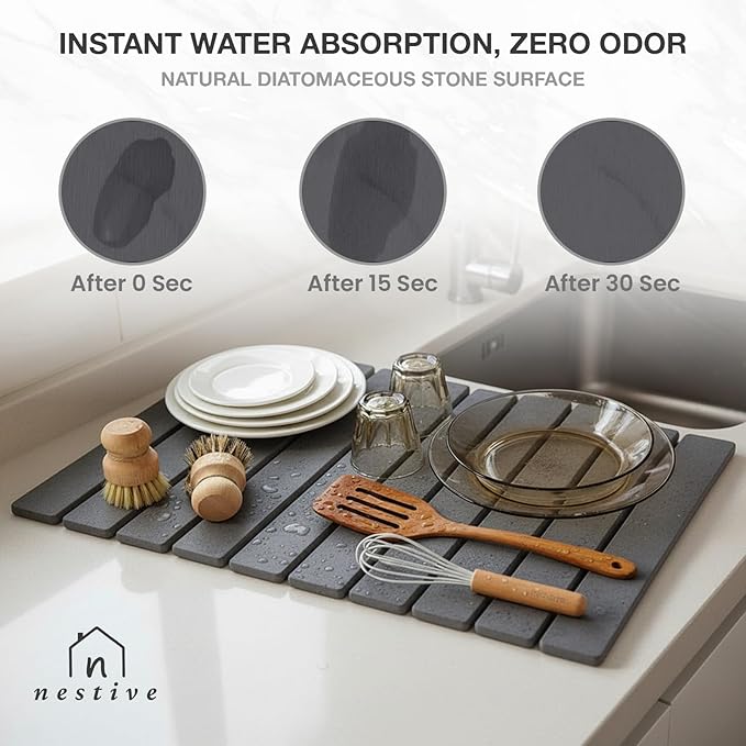 Large Stone Drying Mat for Kitchen Counter | 24"x16" | Fast Drying Collapsible - Image 4