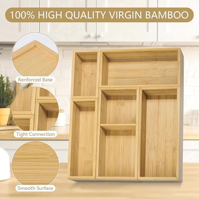 5 Pack Bamboo Drawer Organizer Set - Image 3