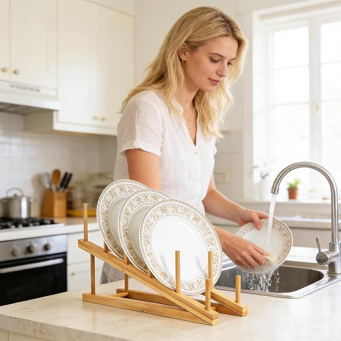 4 PCS Wooden Dish Drying Rack Bamboo Plate Dish Rack Stand Kitchen Cabinet - Image 5