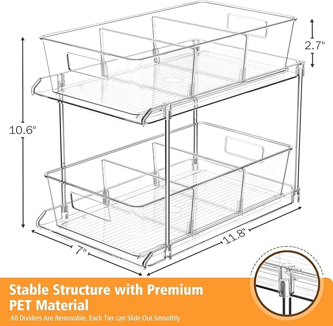 Fabspace Pull-out Home Organizer, 2 Pack 2 Tier Clear Bathroom Organizer - Image 2