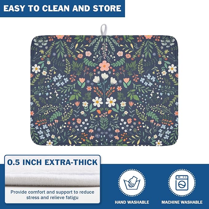 Floral Dish Drying Mat for Kitchen Counter Rustic Flower Leaves Print - Image 5