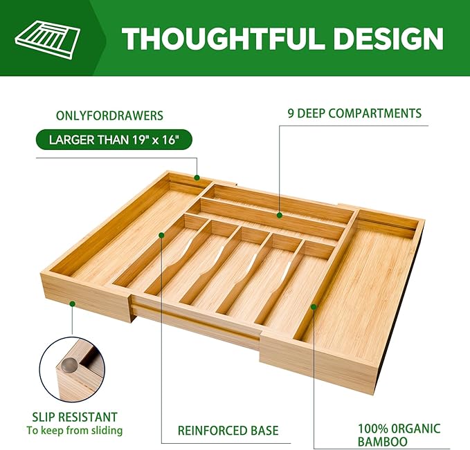 Simple Trending Bamboo Kitchen Drawer Organizer, Expandable Silverware Organizer - Image 4