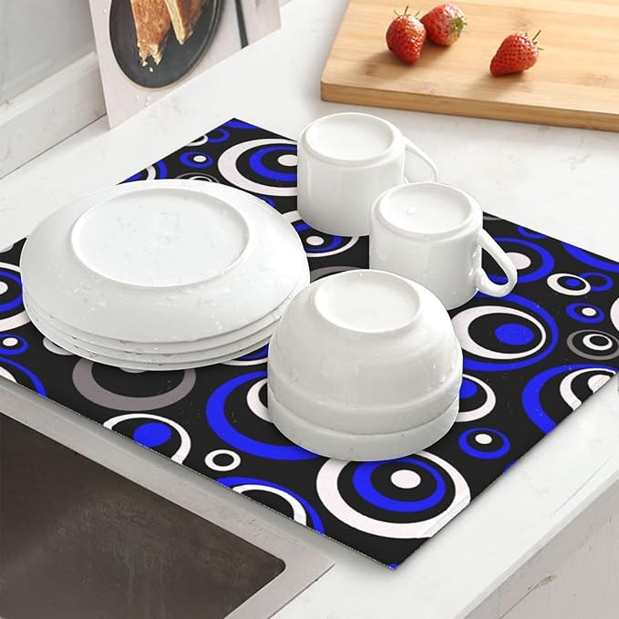 Blue Black White Geometric Circle Dish Drying Mat - Image 2