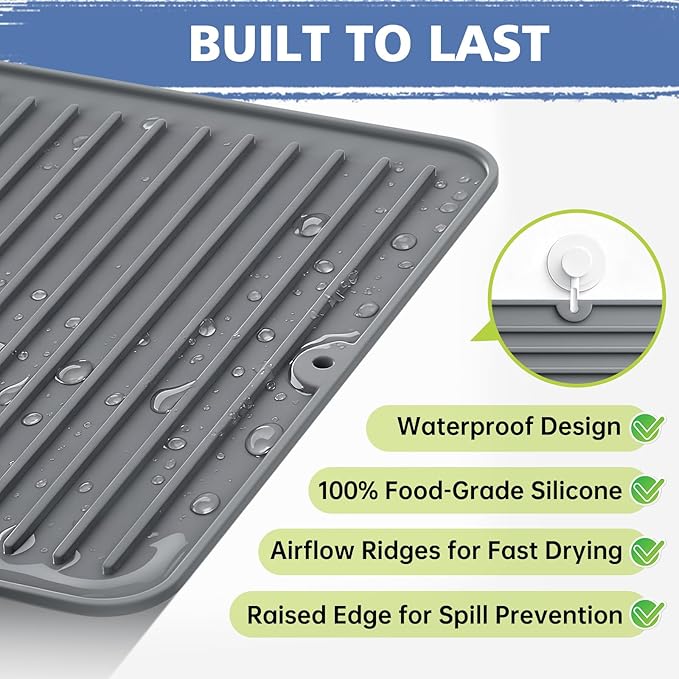 Songrey 16" x 6.5" Silicone Dish Drying Mat, Kitchen Counter Drying Pad - Image 2