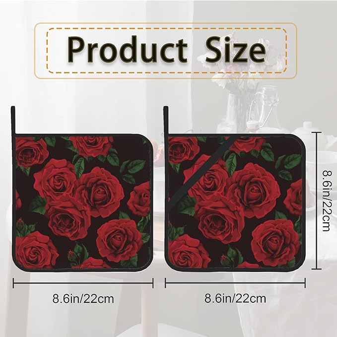 Vintage Red Rose Pot Holder Set of 2, Heat Resistant Potholders Oven Hot Pads - Image 2