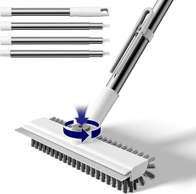 Small Floor Scrub Brush with Length Adjustable Long Handle, 3 in 1 Heavy-Duty by HelpX
