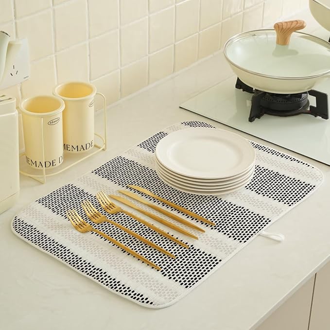 Boho Black Dish Drying Mat 18 x 24 inch Modern Geometry Polka Dot Striped - Image 4