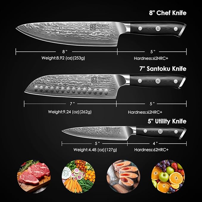 KEEMAKE Damascus Kitchen Knife Set, 67 Layers Damascus Chef Knives, Gift Box - Image 2
