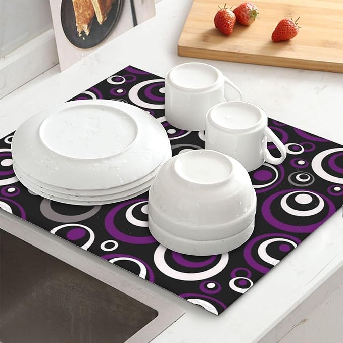 Purple White and Black Circle Pattern Dish Drying Mat, Absorbent Microfiber - Image 2