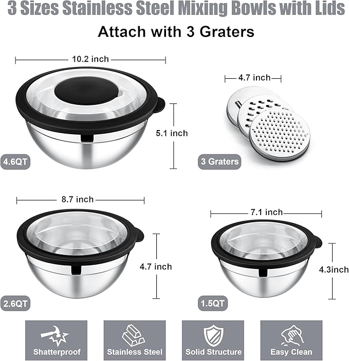 E-far Mixing Bowls with Lids and Graters, Stainless Steel Salad Mixing Bowl - Image 5