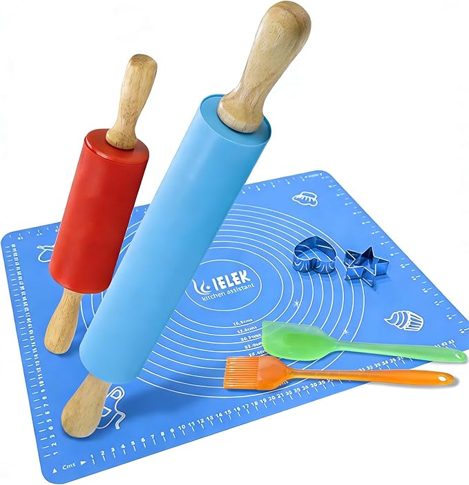 Non-Stick Rolling Pin Silicone Basting Pastry Mat Spatula Brushes Set:Combo Kit by IELEK