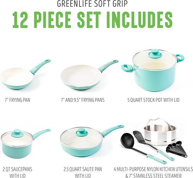 GreenLife Soft Grip Healthy Ceramic Nonstick 12 Piece Cookware Pots and Pans Set - Image 4