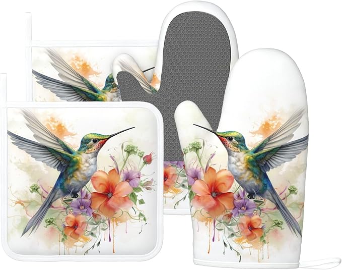 Oven Mitts and Pot Holders Watercolor Hummingbird Flower Silicone Kitchen by DADABULIU