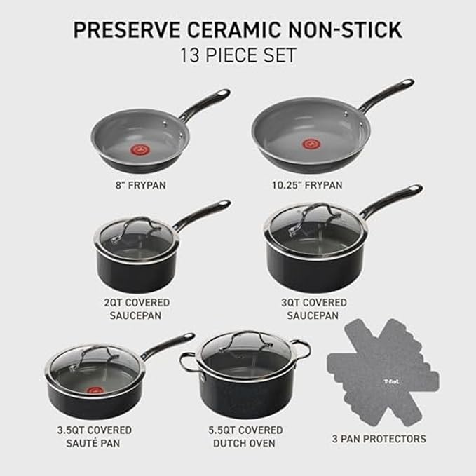 T-fal Preserve Ceramic, Non stick Cookware Set 13-Piece, Oven & Broiler Safe up - Image 2