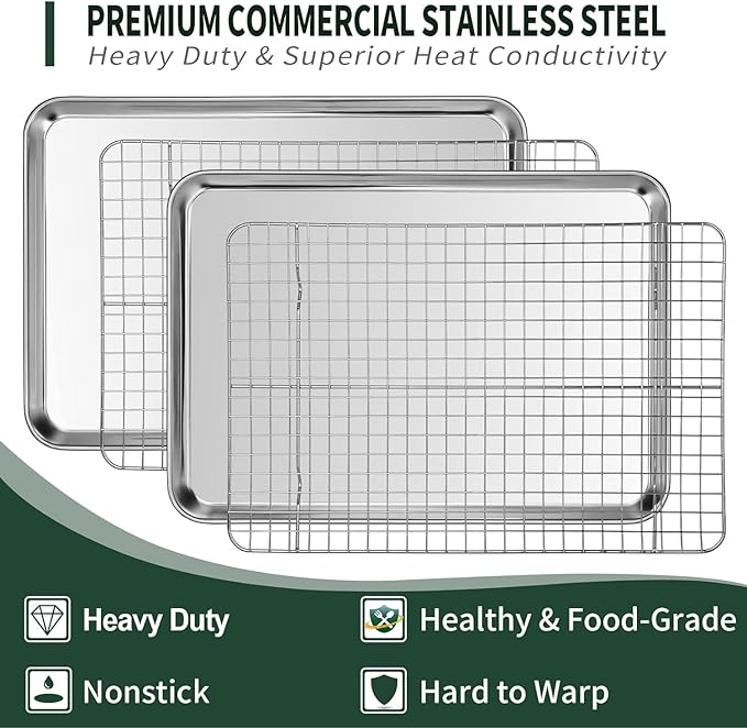 Jelly Roll Pan with Cooling Rack Set, CEKEE Stainless Steel Baking Sheet Tray - Image 3