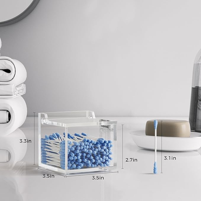 Clear Acrylic Qtip Holder With Lid Cotton Balls Swab Organizer, Square Q Tip - Image 2