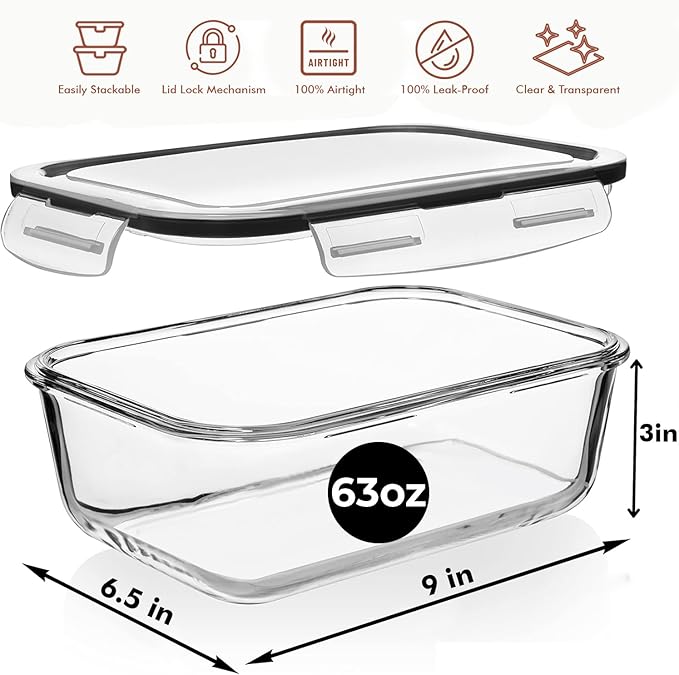 Razab 4 PC 1860ml / 63 Oz / 8 Cups Large Glass Food Storage Containers - Image 3