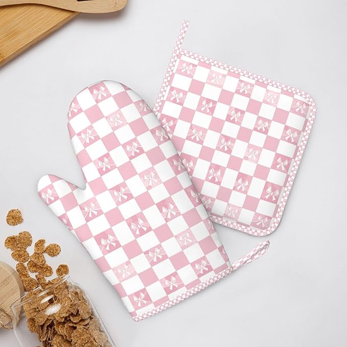 Oven Mitts and Pot Holders Pink Check Bow Pattern Silicone Kitchen Accessories - Image 8