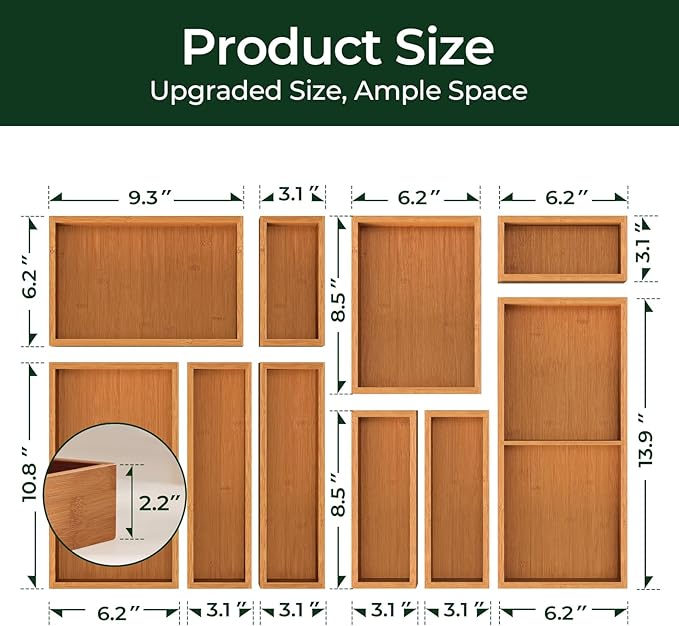 keechee 10-Piece Bamboo Drawer Organizer Set, 2.2" Deep Multi-Use Organizers - Image 3