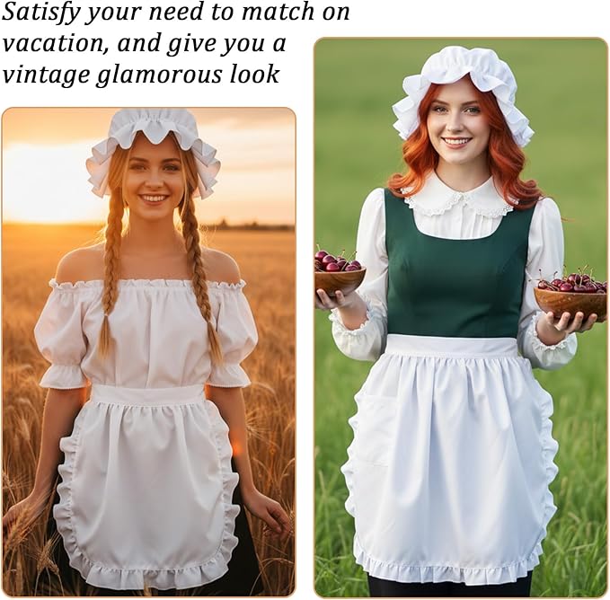 Tucnoeu 2pcs White Mob Cap Half Apron Halloween Colonial Costume Set Women - Image 4