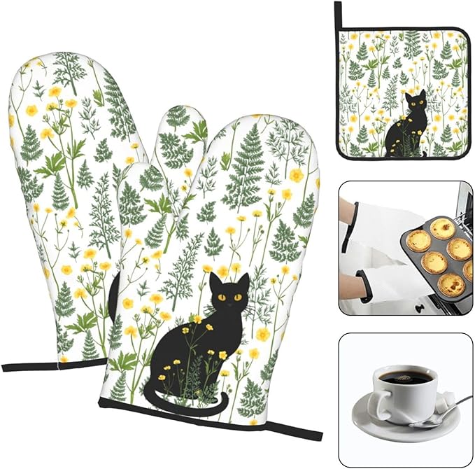 Black Cat Wildflower Hot Pads and Oven Mitts Set of 3, Spring Summer Plants - Image 3