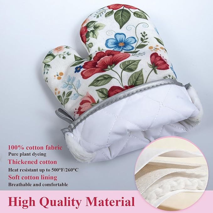 Floral Oven Mitts and Pot Holders Sets 2 Pcs, Canvas Heat Resistant Kitchen - Image 2