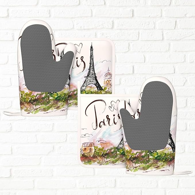 Pretty Romantic Paris Eiffel Tower Oven Mitts and Pot Holders Sets of 4 - Image 6
