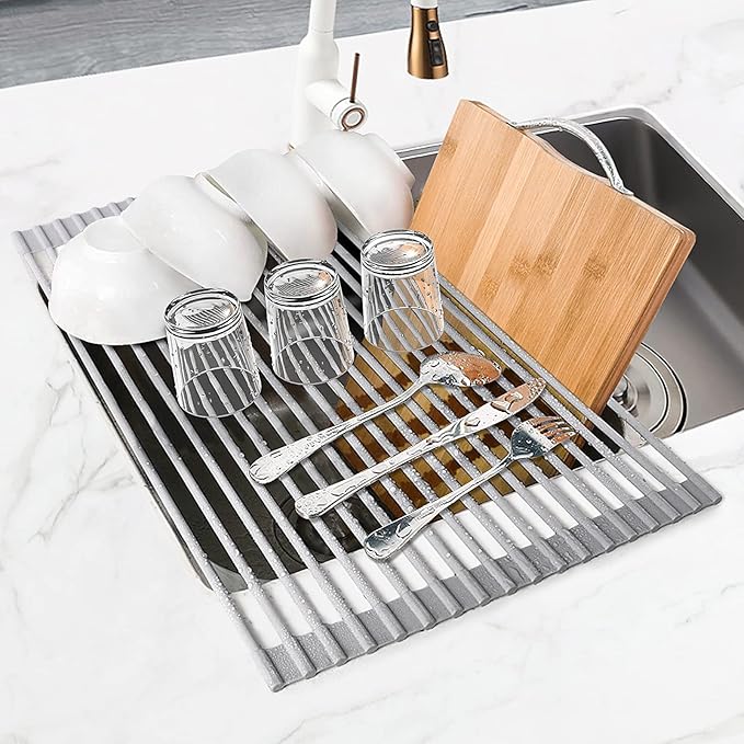 MERRYBOX Roll Up Over The Sink Dish Drying Rack Silicone Wrapped Foldable - Image 8