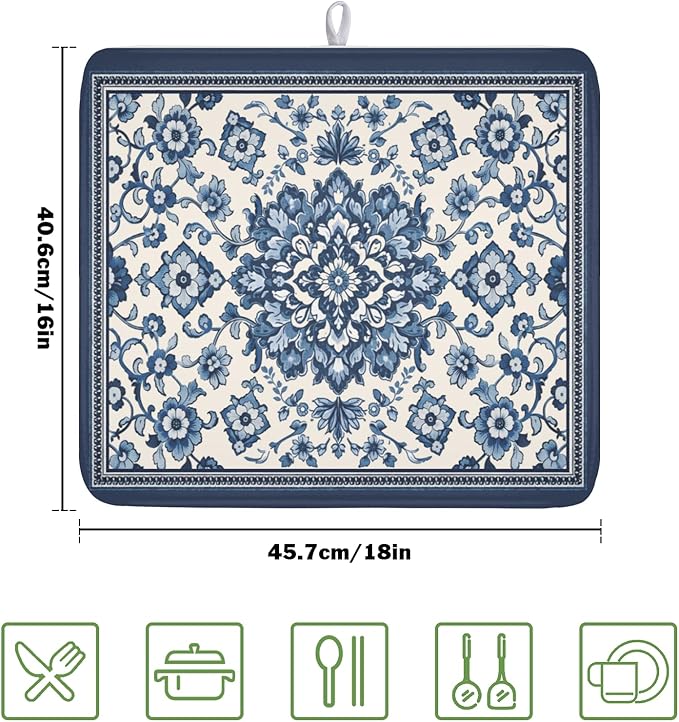 Blue Floral Dish Drying Mat for Kitchen Counter Vintage Flower Pattern - Image 2