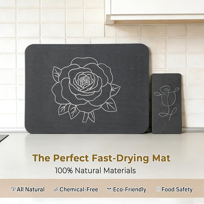 Stone Dish Drying Mat for Kitchen Counter, Glittery Resin Rose Pattern Quick - Image 5