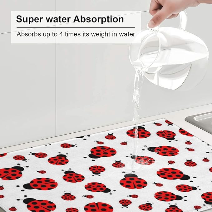 Red Ladybug Dish Drying Mat Cute Small Dots Fun Animal Themed Drying Rack Pad - Image 5