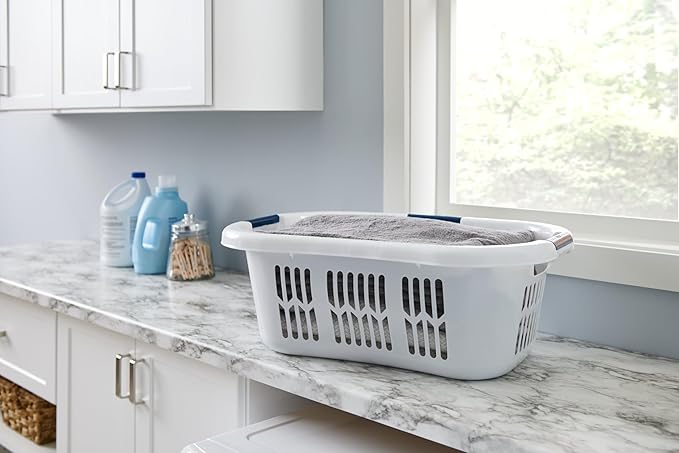 Rubbermaid Large Hip-Hugger Laundry Basket/Hamper, 1.5-Bushel, White, Stackable Storage Bin/Organizer for Bathroom/Bedroom/Dorm/Home