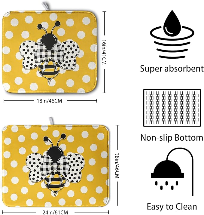Bee Dish Drying Mat for Kitchen Counter 16x18 Inch Yellow Honey Bees Polka Dots - Image 2