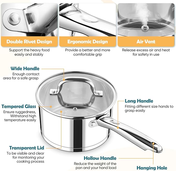 P&P CHEF 3 Quart Saucepan with Lid Set, Stainless Steel Small Cooking Pot - Image 3