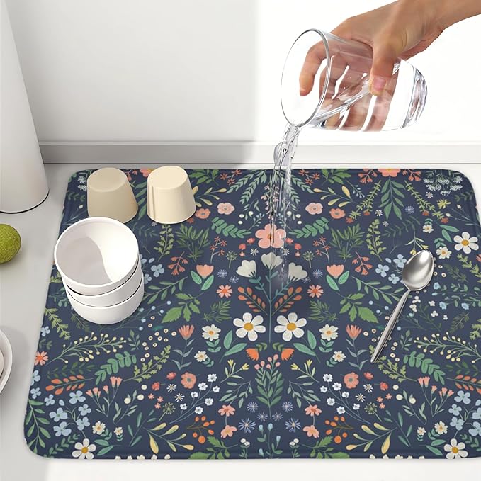 Floral Dish Drying Mat for Kitchen Counter Rustic Flower Leaves Print - Image 6