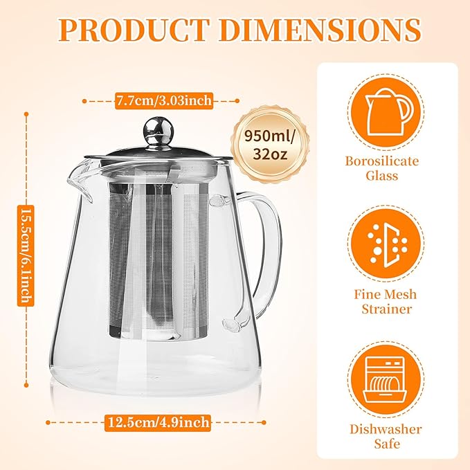 Glass Teapot with Stainless Steel Infuser, Borosilicate Tea Kettle - Image 2