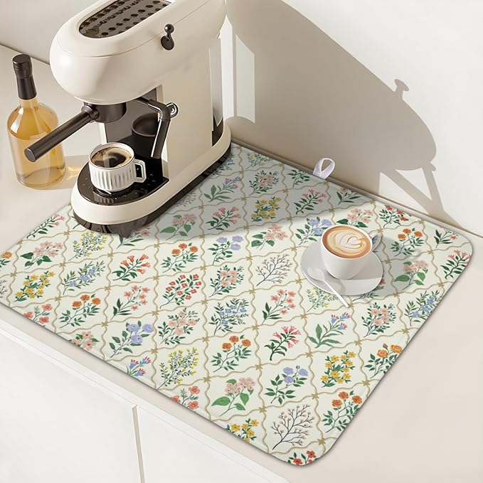 Floral Dish Drying Mat for Kitchen Counter Spring Summer Wild Flowers Diamond - Image 7