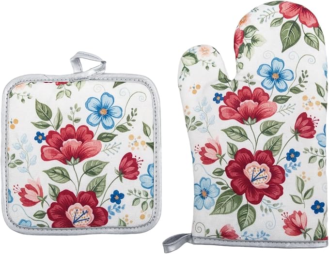Floral Oven Mitts and Pot Holders Sets 2 Pcs, Canvas Heat Resistant Kitchen by QEES