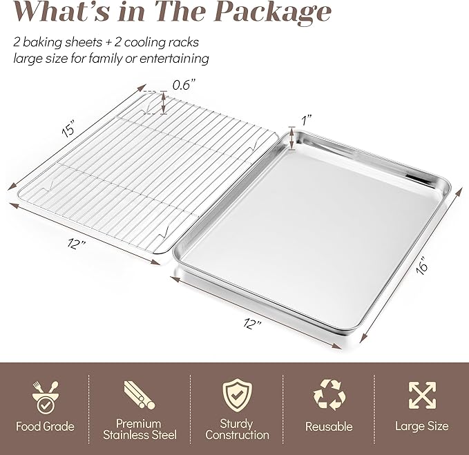 TeamFar Baking Sheet with Rack Set, Stainless Steel Baking Pan Cookie Sheet - Image 2