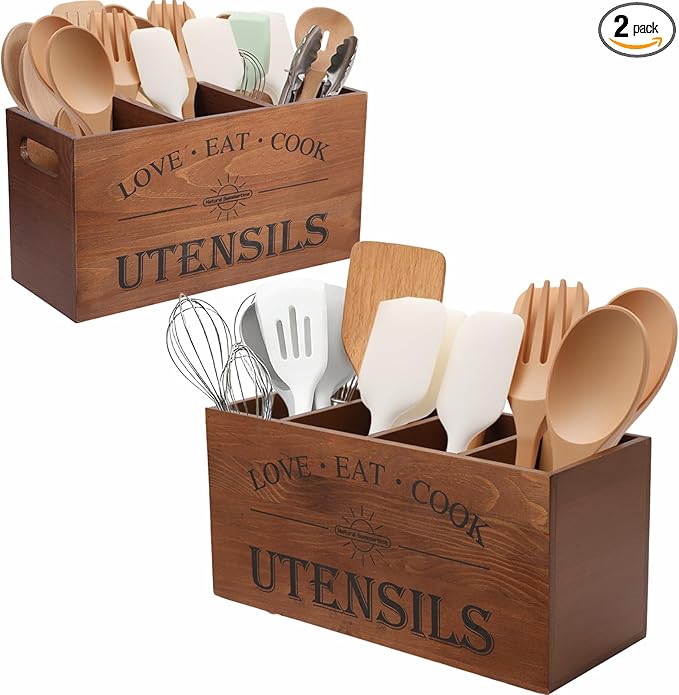 2 PC Wooden Utensil Holder, （With 4-Compartments size*1 + 3-Compartments by Unknown
