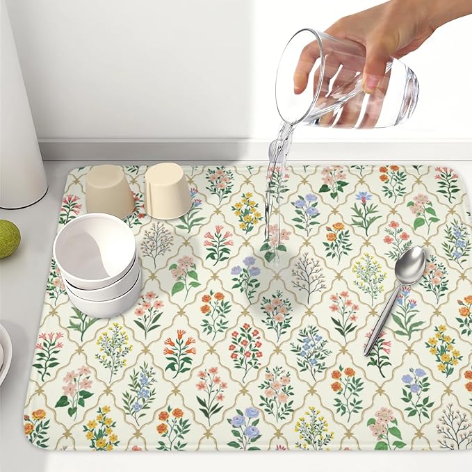 Floral Dish Drying Mat for Kitchen Counter Spring Summer Wild Flowers Diamond - Image 6