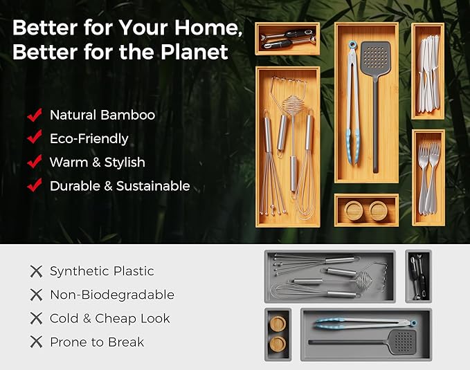 Bamboo Kitchen Drawer Organizer Set of 2, Stackable 15" x 6" Wood Silverware - Image 7