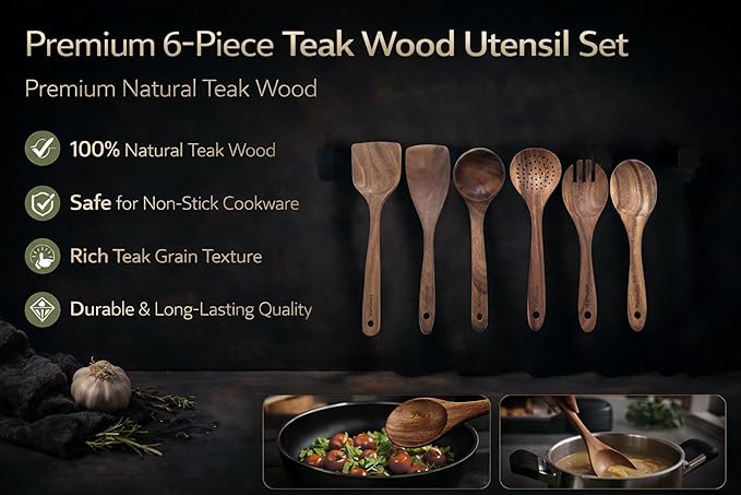 Teak Wood Kitchen Utensils Set – 6 Piece, Sustainable Teak Cooking Utensils - Image 5