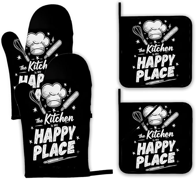 Funny Oven Mitts and Pot Holders Set, The Kitchen is My Happy Place Kitchen by Unknown