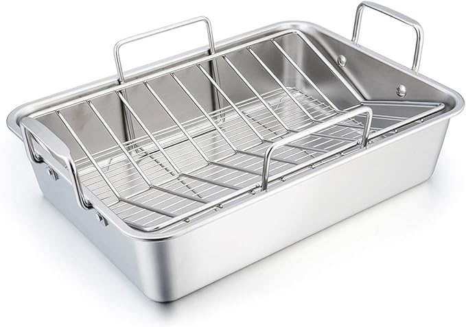 TeamFar Stainless Steel Roasting Pan, 16 Inch Large Turkey Roaster Lasagna Pan by TeamFar