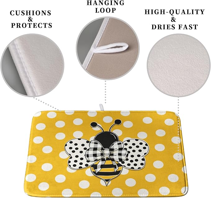 Bee Dish Drying Mat for Kitchen Counter 16x18 Inch Yellow Honey Bees Polka Dots - Image 3