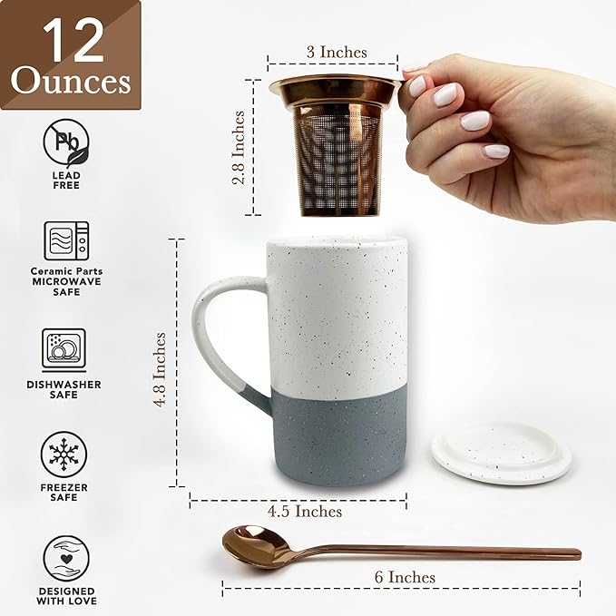 Mora Ceramics Tea Cup with Loose Leaf Infuser, Spoon and Lid, 12 oz, Microwave - Image 2