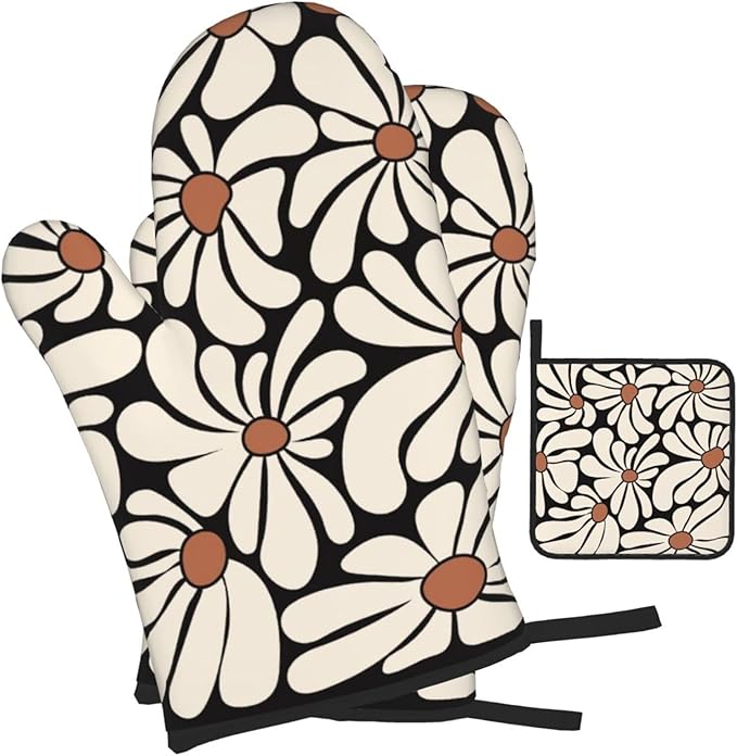 Boho Floral Pot Holders and Oven Mitts Set, Cute Black and Beige Kitchen Mitts - Image 2