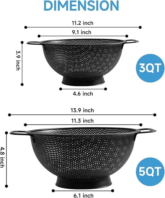 Black Colander for Kitchen, Stainless Steel Pasta Strainer - Image 3