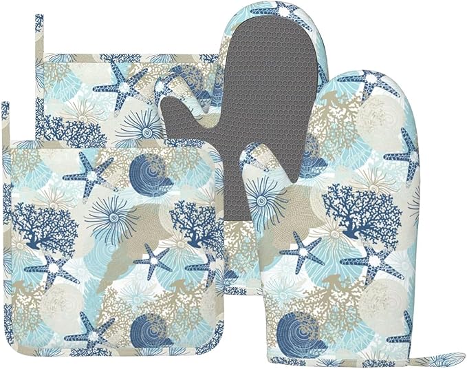Nautical Coastal Oven Mitts and Pot Holders Set of 4 Silicone Starfish Seashell by BOKEKANG